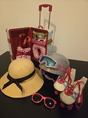 American Girl Doll Accessories - Suitcase Luggage Ski Helmet Hat Rollerblades